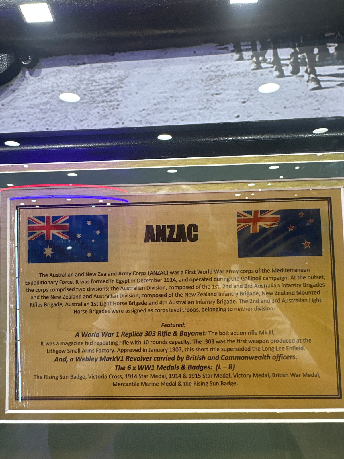 Anzac photo collage with World War I Replica 303 Rifle & Bayonet