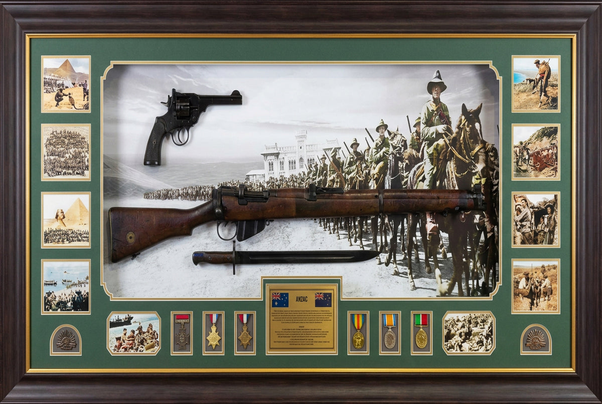 Anzac photo collage with World War I Replica 303 Rifle & Bayonet