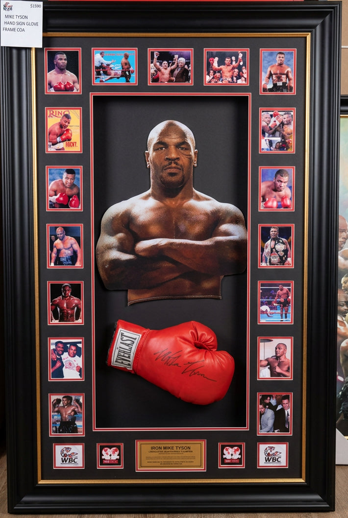 MIKE TYSON Signed glove and photo collage.